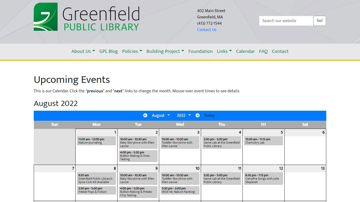 August 2022 Calendar - Greenfield Public Library